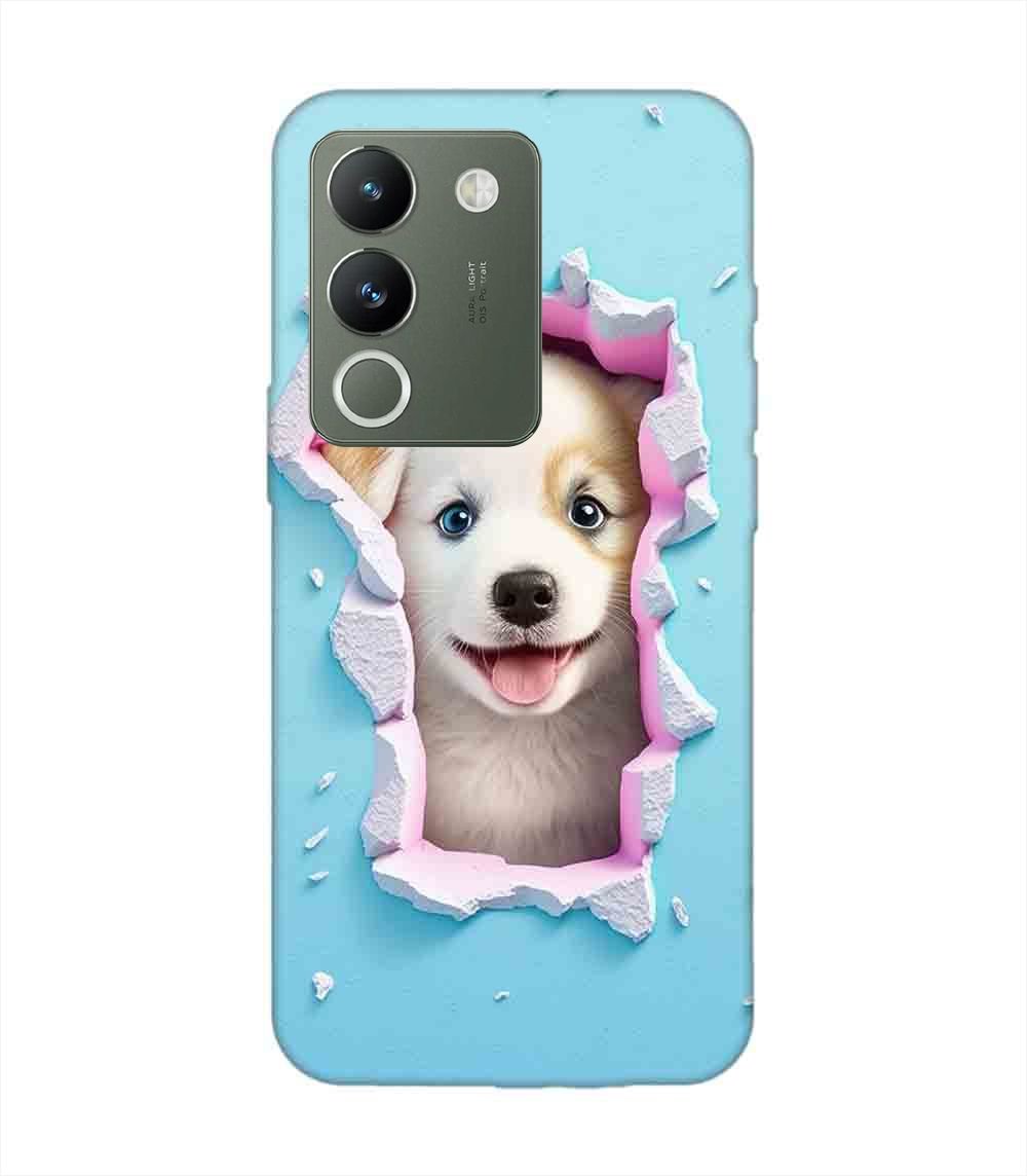Printed Back Cover for Vivo Y200 (5G) Close Up Dog Looking Out Hole Wall