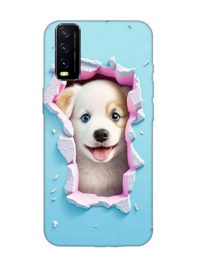 Printed Back Cover for Vivo Y20T Close Up Dog Looking Out Hole Wall