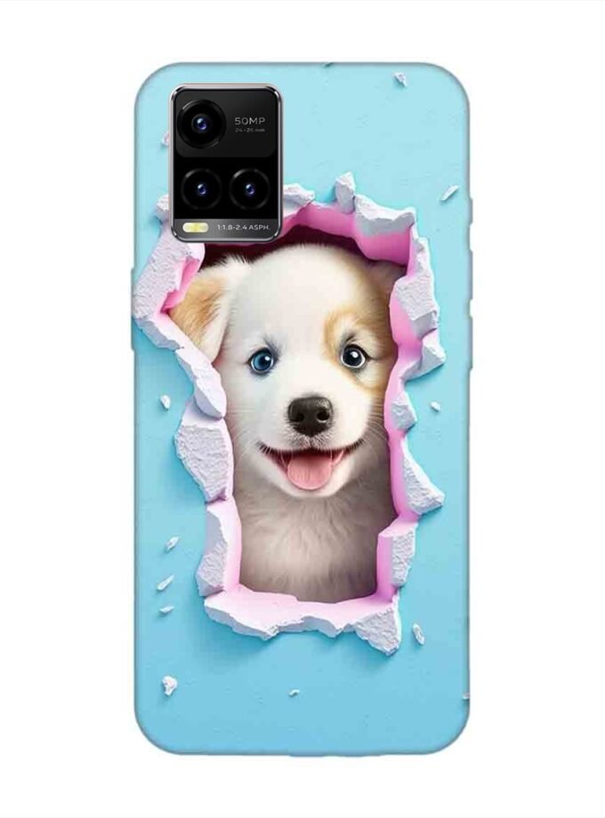 Printed Back Cover for Vivo Y21 Close Up Dog Looking Out Hole Wall