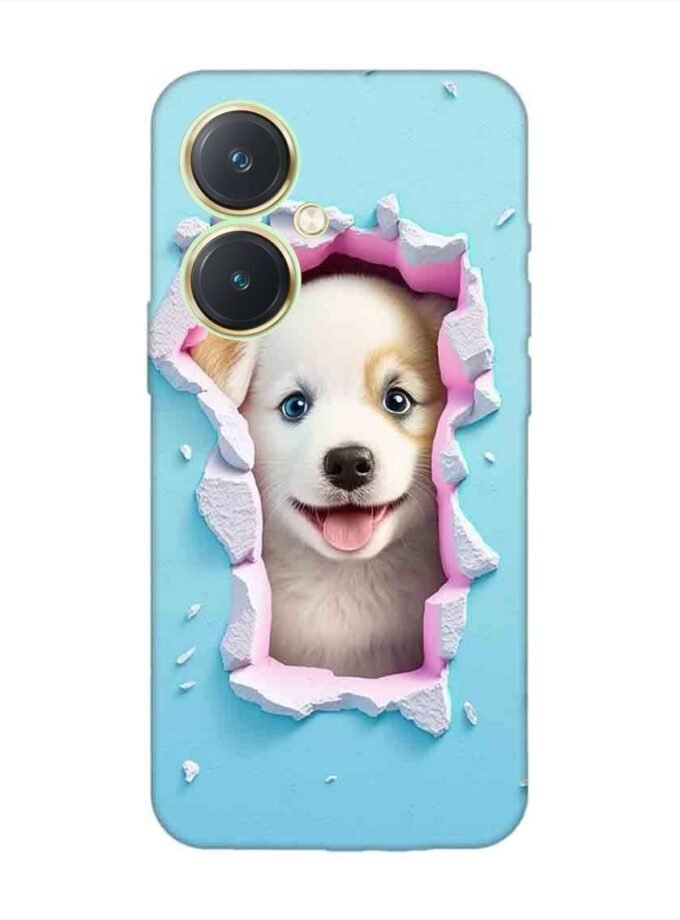Printed Back Cover for Vivo Y27 Close Up Dog Looking Out Hole Wall