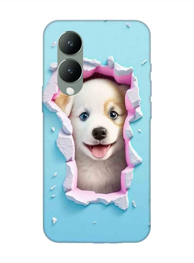 Printed Back Cover for Vivo Y28 (5G) Close Up Dog Looking Out Hole Wall