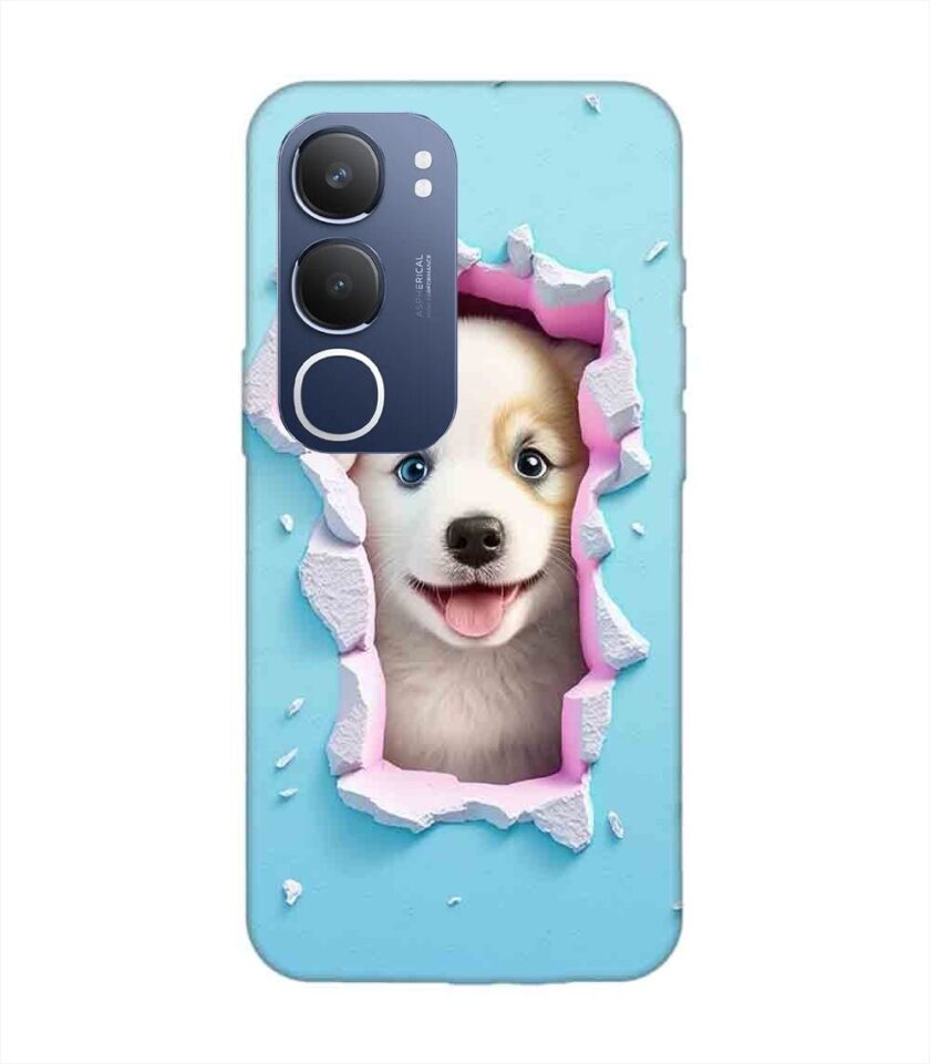 Printed Back Cover for Vivo Y29 (5G) Close Up Dog Looking Out Hole Wall