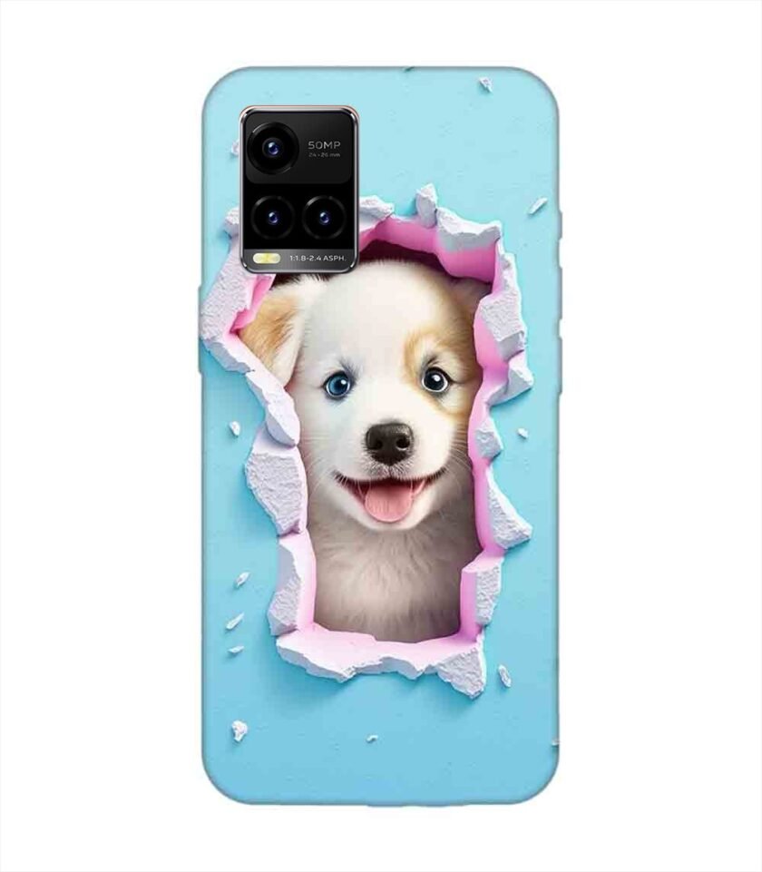 Printed Back Cover for Vivo Y33T Close Up Dog Looking Out Hole Wall