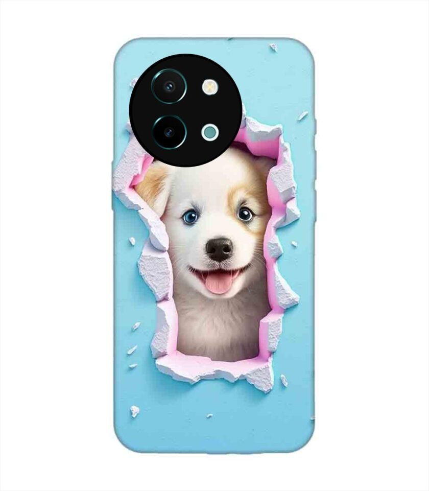 Printed Back Cover for Vivo Y38 (5G) Close Up Dog Looking Out Hole Wall