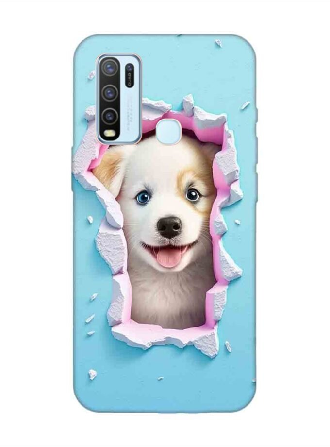 Printed Back Cover for Vivo Y50 Close Up Dog Looking Out Hole Wall