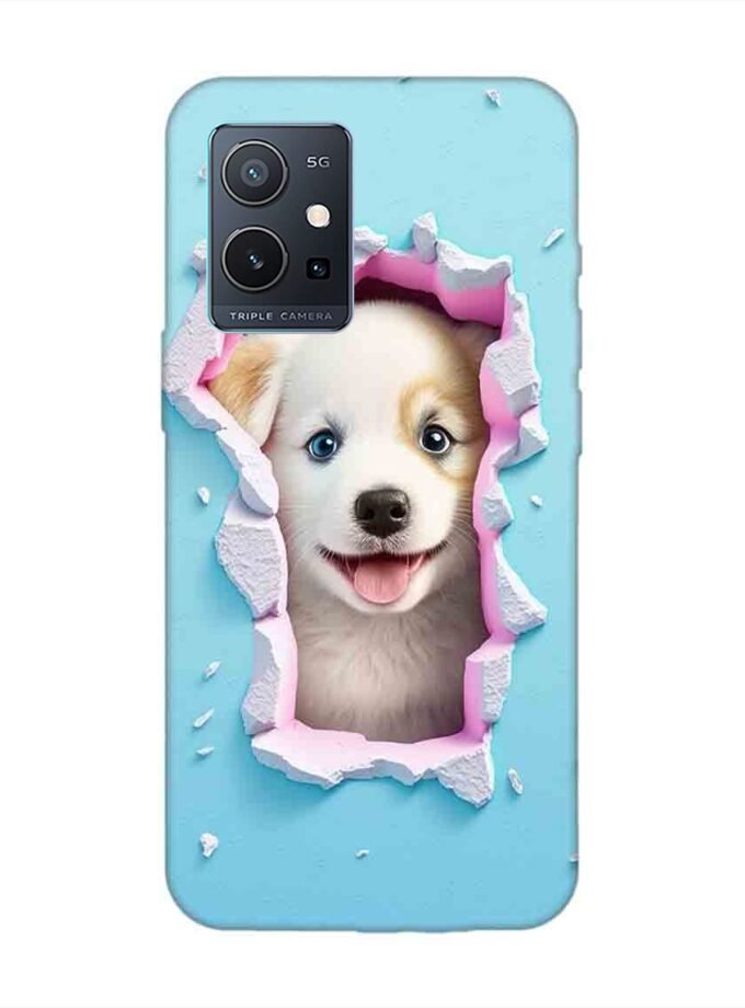 Printed Back Cover for Vivo Y75 (5G) Close Up Dog Looking Out Hole Wall