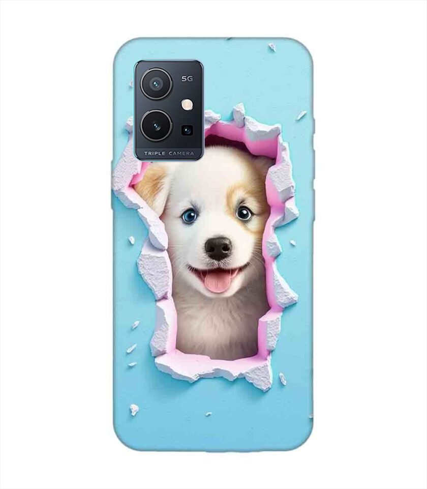 Printed Back Cover for Vivo Y75 (5G) Close Up Dog Looking Out Hole Wall