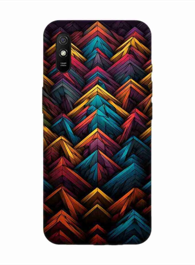 Custom Printed Case Cover for Xiaomi Redmi 9A Close Up Colorful Pattern Triangles Black Background